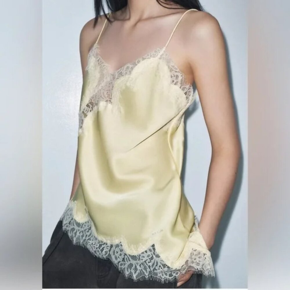 Viral Zara Yellow Satin Lace Cami NWT